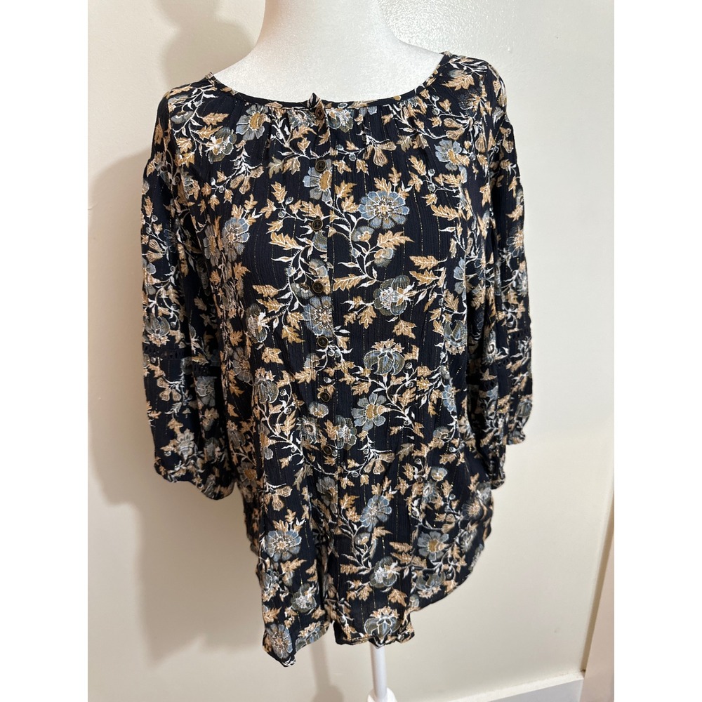 Knox Rose Floral Button Front Blouse Black Gold Metallic Stripe 3/4 Sleeve M